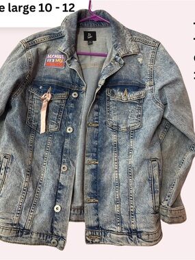 art class Distressed Light Wash Denim Jean Jacket with Pink Ribbon Accent